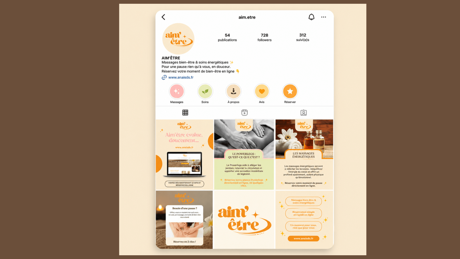Prototype Instagram Aim’être avec feed et contenus de marque.